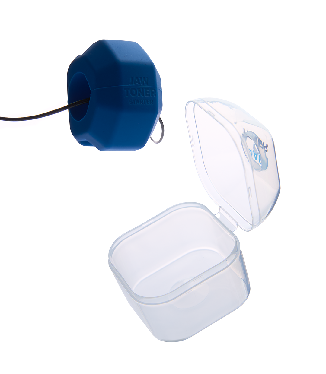 Jaw Toner Starter device with its chain, floating above the open travel case